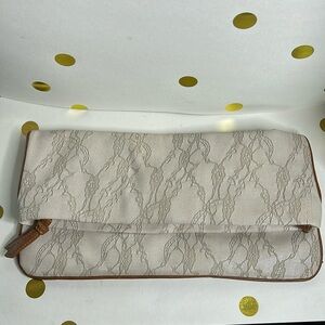 Cream and grey lace patterned clutch